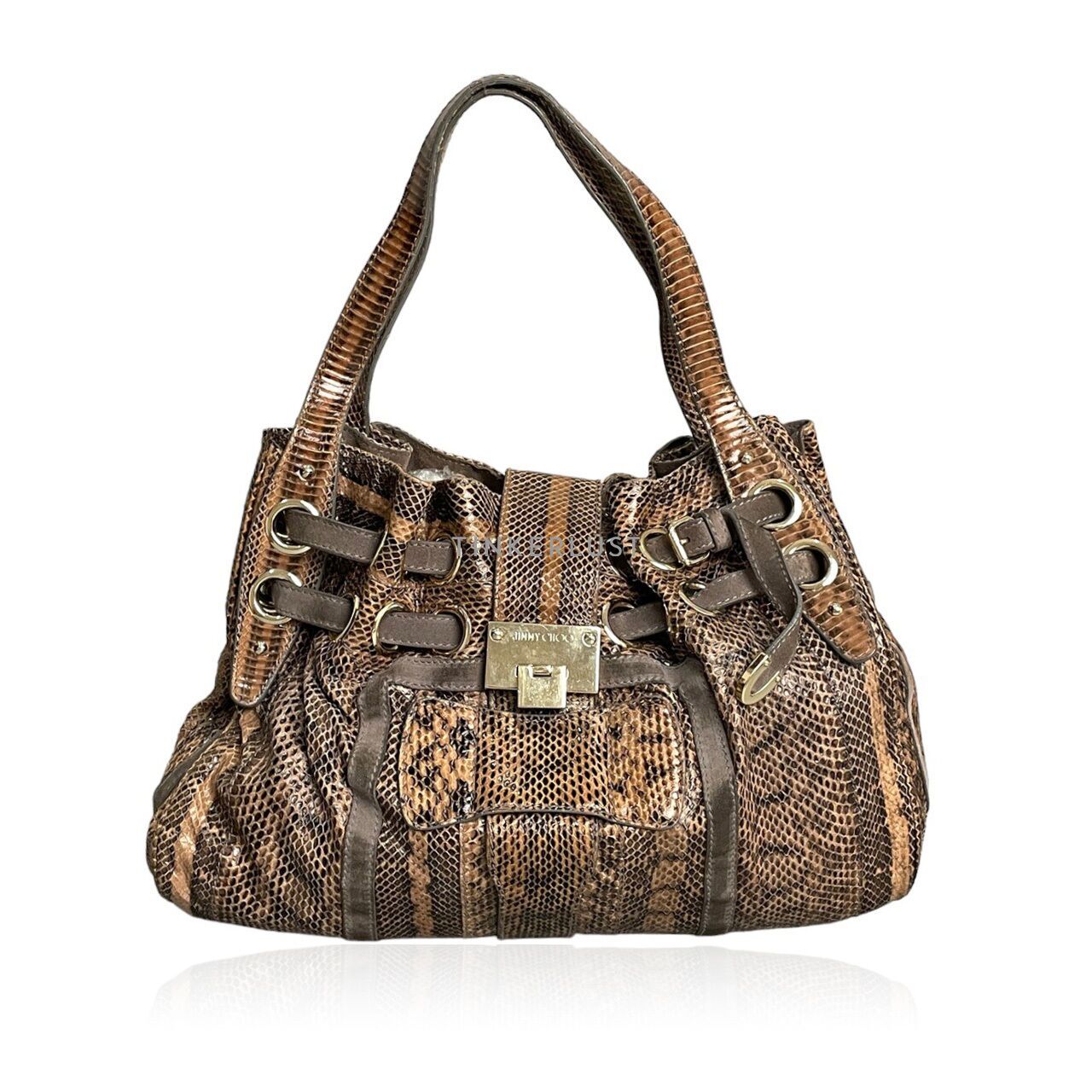 tas shoulder bag Jimmy Choo Brown Python and Suede Riki Tote Bag